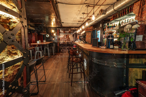 Enjoyable interior of the trendy restaurant in the center of Saint Petersburg, Russia.