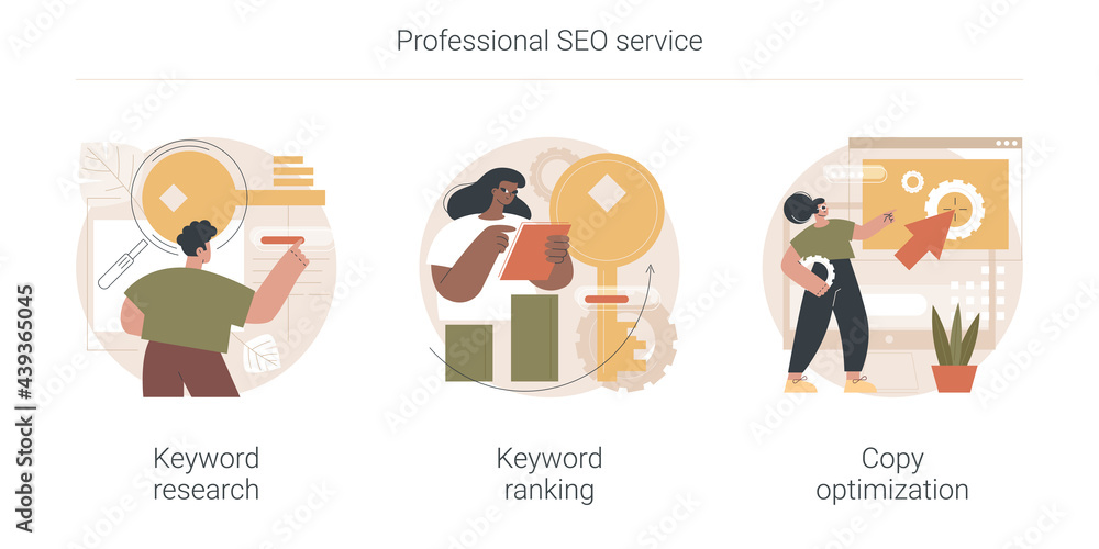 Professional SEO service abstract concept vector illustration set. Keyword research service and page ranking, copy optimization, successful web campaign, search engine, website abstract metaphor.