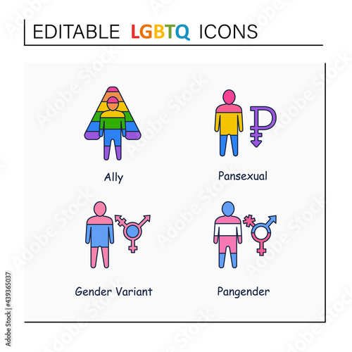 LGBTQ collections line icons. Self acceptance. Sexual orientations. Ally, pansexual, pangender, gender variant.LGBTQ community concept.Isolated vector illustrations