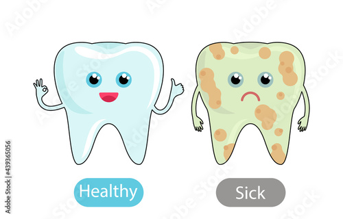 healthy white tooth and a bad tooth with caries. the concept of teaching children the opposite adjective Healthy and Sick.