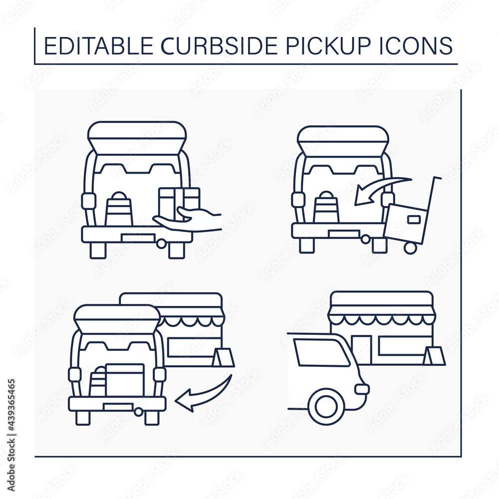 Curbside pickup line icons set. Contactless parcel, cargo obtaining into car truck. Courier delivery. Shopping concept. Isolated vector illustrations. Editable stroke Curbside pickup line icons set. Contactless parcel, cargo obtaining into car truck. Courier delivery. Shopping concept. Isolated vector illustrations. Editable stroke