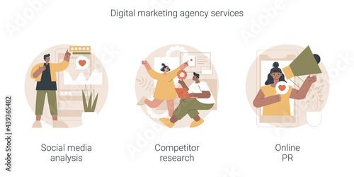 Digital marketing agency services abstract concept vector illustration set. Social media analysis, competitor research, online PR, digital advertising campaign, user profile abstract metaphor.