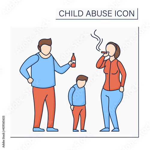 Parental substance use color icon. Alcohol and drug abuse against kid. Unable to care. Bad influence. Child abuse concept. Isolated vector illustration