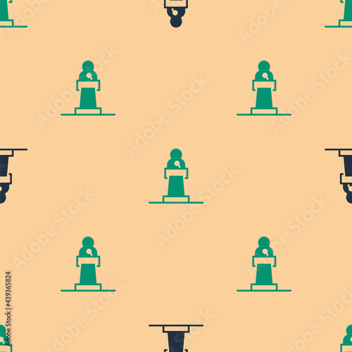 Green and black Speaker icon isolated seamless pattern on beige background. Orator speaking from tribune. Public speech. Person on podium. Vector