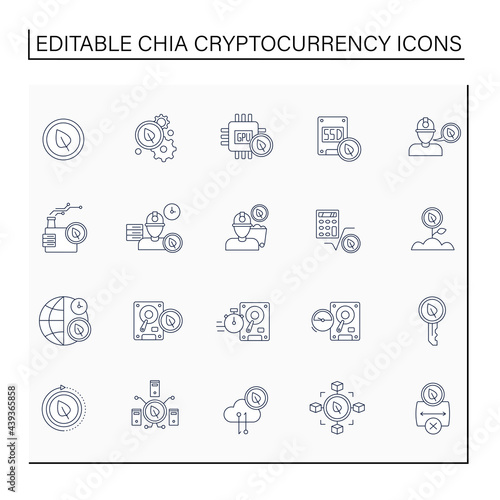 Chia cryptocurrency line icons set. Computer hard disk. Blockchain-based platform for developing and executing smart contracts.Digital money concept.Isolated vector illustrations. Editable stroke