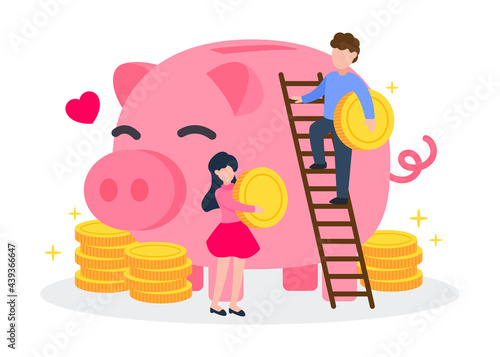 Man and woman putting golden coins into piggy bank. Couple or lover saving money together. Creative financial concept of savings. Simple trendy cute cartoon vector illustration. Flat style element.