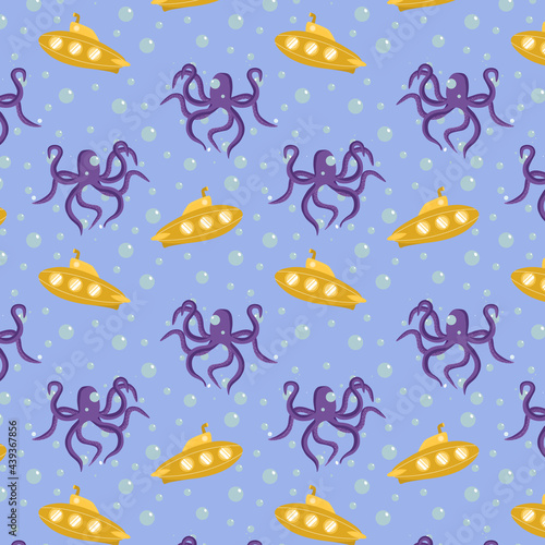 marine vector pattern with an octopus and a submarine on a light blue background © NataSao