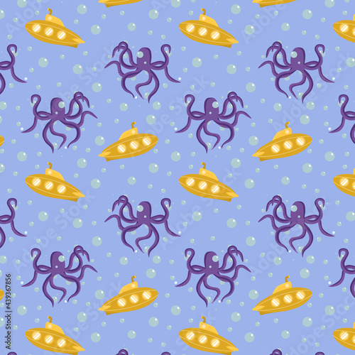 marine vector pattern with an octopus and a submarine on a light blue background