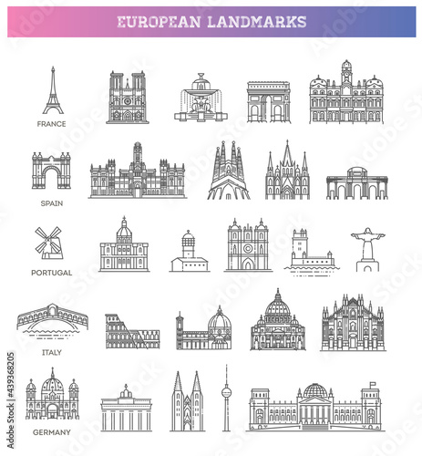 Simple linear Vector icon set representing global tourist european landmarks and travel destinations for vacations.