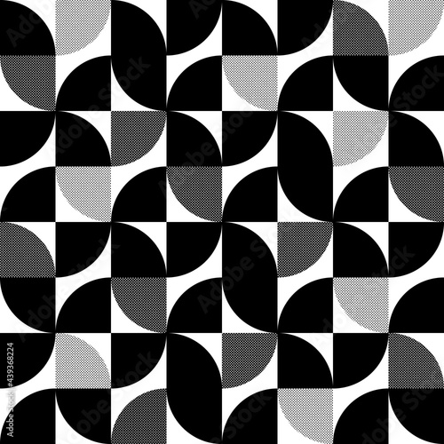 Geometric abstract seamless pattern. Check black color texture on white background. Funky figure geometry pattern circle and square shape for design prints. Modern style graphic element. Vector