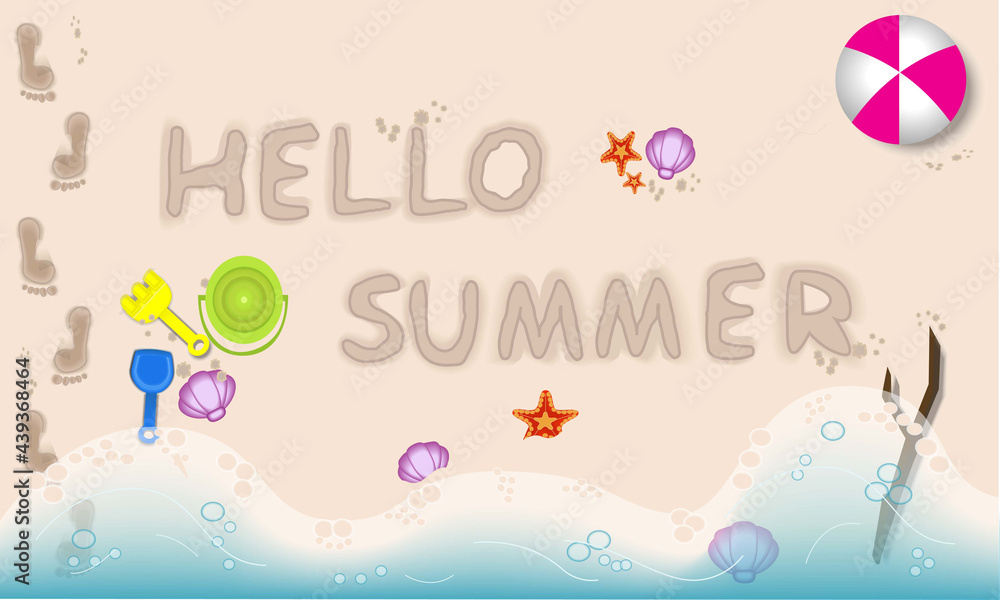 Hello summer greeting banner vector on sandy beach from the high angle view