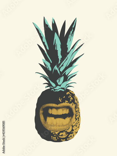 Illustration of pineapple fruit with a grinning mouth. Emotional character. Summer sweet tropical fruit vector image isolated on a white background. Suitable for invitations, greeting cards, posters
