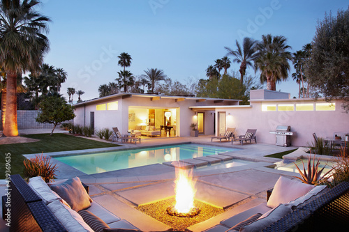 Backyard of modern design home with pool