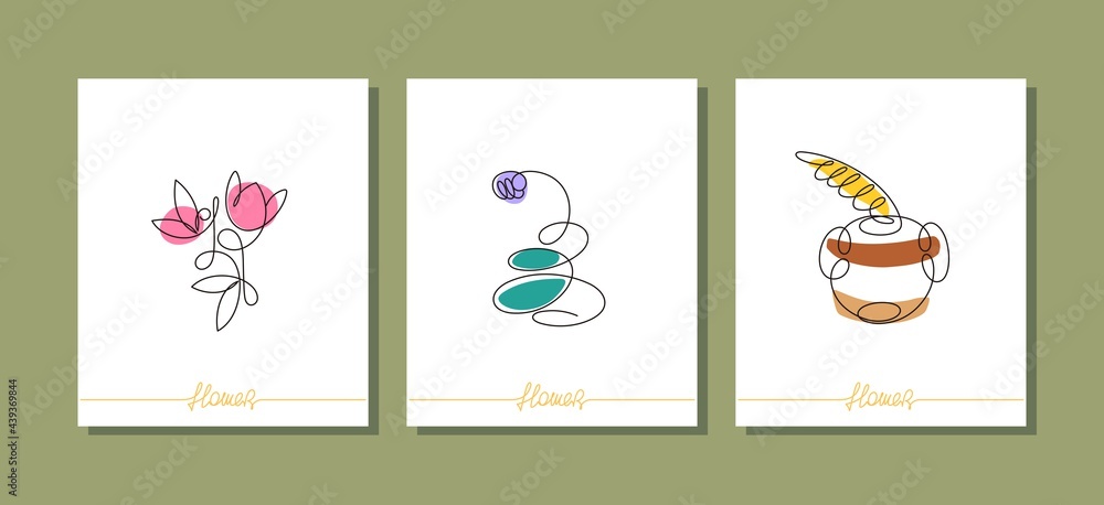 Contemporary minimalist plant drawings. Continuous linear design. Vector illustration