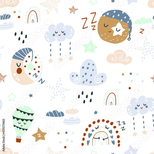 Seamless childish pattern with sleeping moon  planets  rainbow  stars. Vector illustration