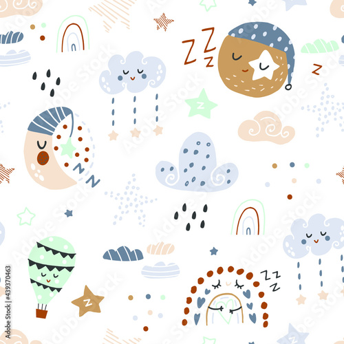 Seamless childish pattern with sleeping moon, planets, rainbow, stars. Vector illustration photo