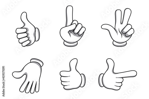 Cartoon mascot character's hands set with different poses isolated on white background