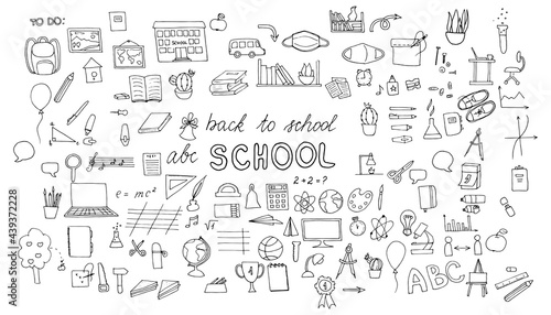 Free hand drawing of school objects set on white background. Back to school. Simple flat vector illustration
