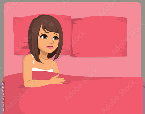 Beautiful young lonely woman sad lying on empty bed