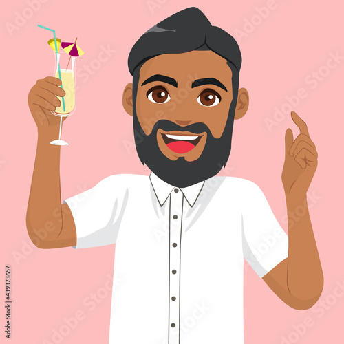 Man happy enjoying drinking refreshing cocktail making toast gesture