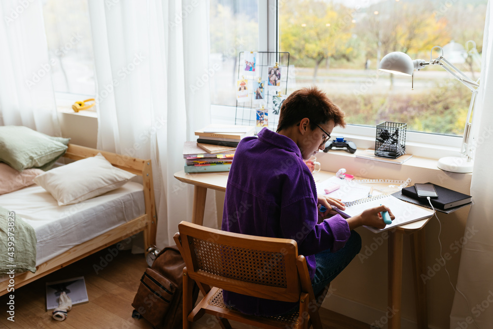 Teen kid studying at desktop in bedroom Teen kid studying at desktop in bedroom