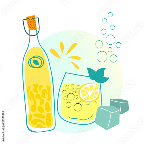 Lemonade bottle and glass flat vector illustrations isolated on white background. Summer drink, refreshing italian limoncello