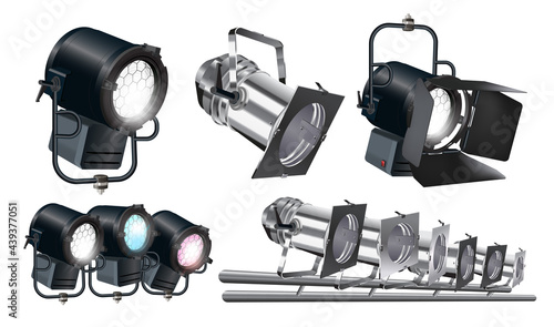 Set of realistic vector floodlights, soffits, studio lights. Professional shooting light, studio projector. Cinema production, photoshooting. Spotlight isolated on white background