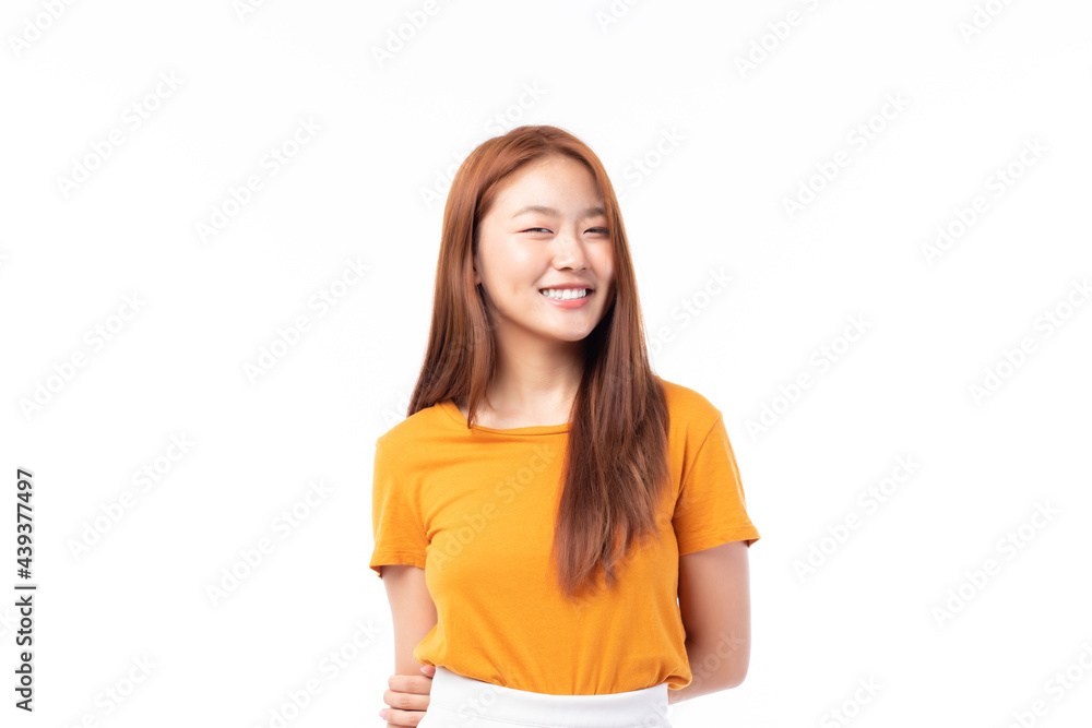 Portrait of beautiful young Asian girl model long hair in casual summer clothes smile, happy and enjoying in studio isolated on white background. Portrait of beautiful young Asian girl model long hair in casual summer clothes smile, happy and enjoying in studio isolated on white background.