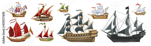 Tela Pirate boats and Old different Wooden Ships with Fluttering Flags Vector Set Old