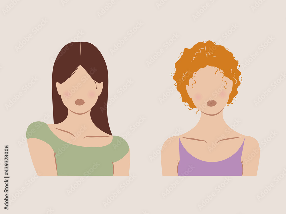Set of abstract woman portraits isolated on white background. Girls face with stylish haircut on the pink isolated background. Beauty logo. Set of abstract woman portraits isolated on white background. Girls face with stylish haircut on the pink isolated background. Beauty logo.