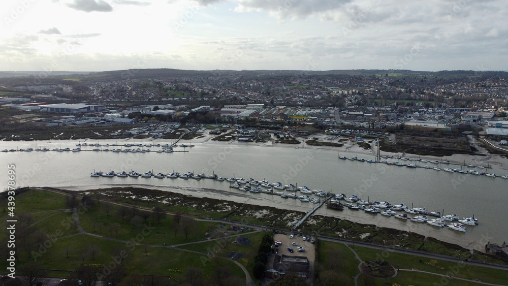 Aerial view of river and yachts.
