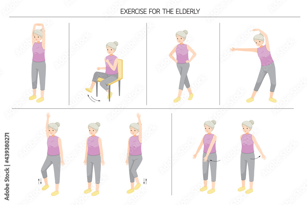 Set Of Old Woman Standing And Moving Body For Good Health, Exercise For Healthy Heart