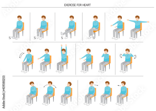 Set Of Man Sitting On Chair And Moving Body For Good Health, Exercise For Healthy Heart, Injection