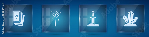 Set Three tarot cards, Magic staff, Sword in the stone and . Square glass panels. Vector