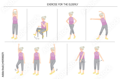 Set Of Old Woman Standing And Moving Body For Good Health, Exercise For Healthy Heart
