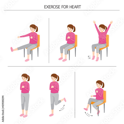 Set Of Young Woman Standing And Moving Body For Good Health, Exercise For Healthy Heart