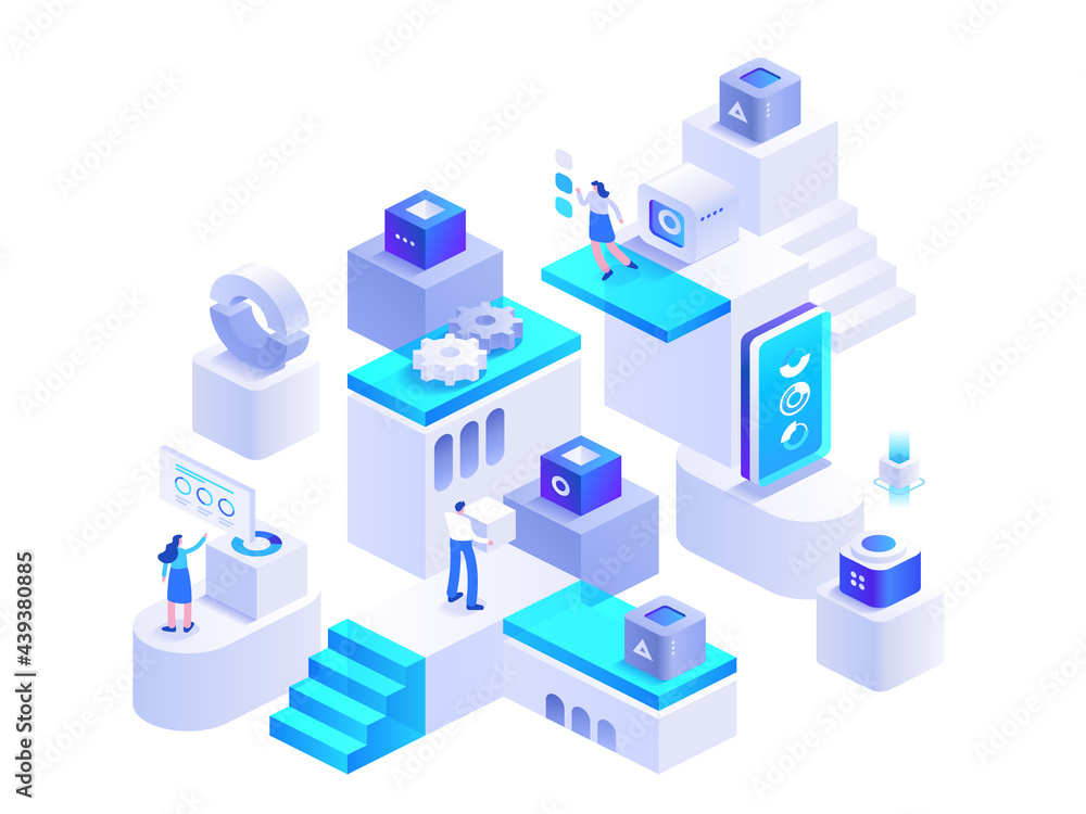 Cryptocurrency mining isometric concept. Blockchain technology, bitcoin mining farm. People working on crypto business, data analysis, financial tools. Vector character illustration in isometry design