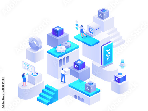 Cryptocurrency mining isometric concept. Blockchain technology, bitcoin mining farm. People working on crypto business, data analysis, financial tools. Vector character illustration in isometry design