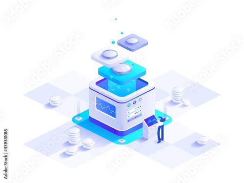 Cryptocurrency and blockchain technology isometric concept. Woman works at digital money mining farm, bitcoin tech, data analysis, financial tools. Vector character illustration in isometry design
