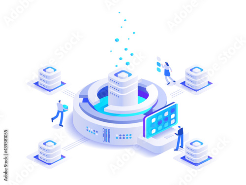 Cryptocurrency mining isometric concept. Team works at digital money mining farm and blockchain technology, financial tools, bitcoin marketplace. Vector character illustration in isometry design