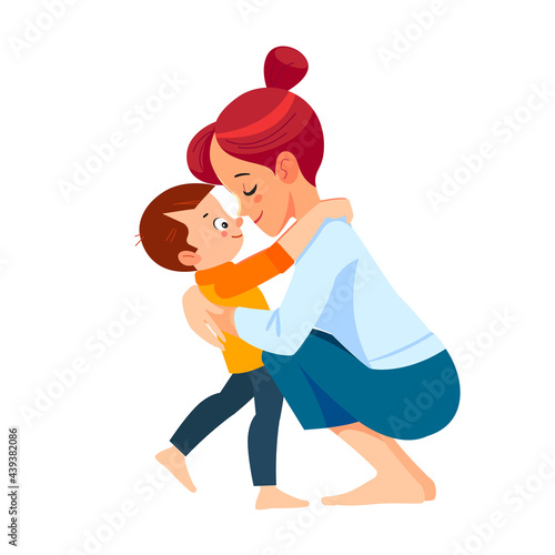 Mother and child. Mom hugging her son with a lot of love and tenderness. Mother's day, holiday concept. Cartoon flat isolated vector design