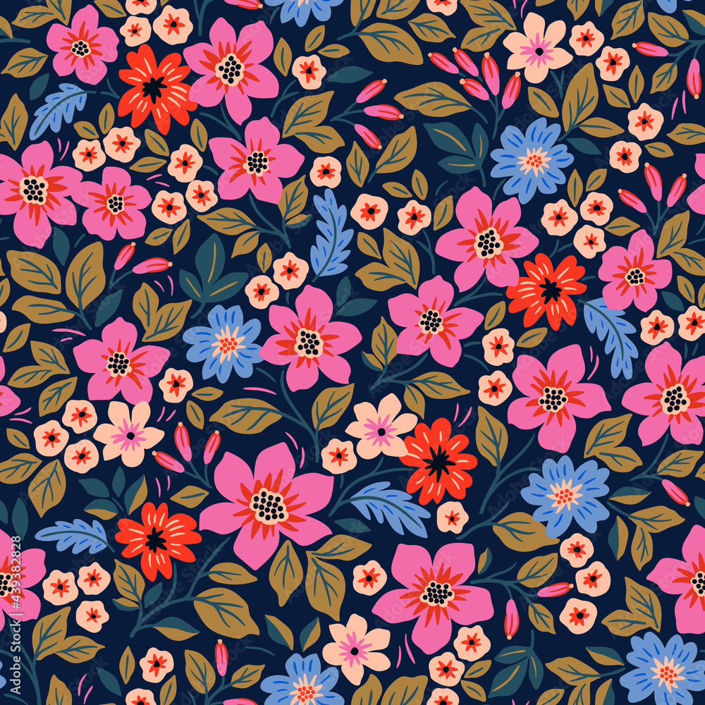 Folk seamless vector floral pattern. Endless print made of small colorful flowers. Summer and spring motifs. Blue background. Stock vector illustration.