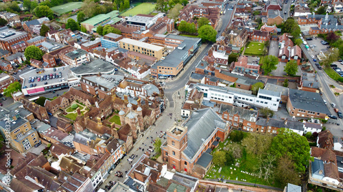 Aerial view of an English highstreet.