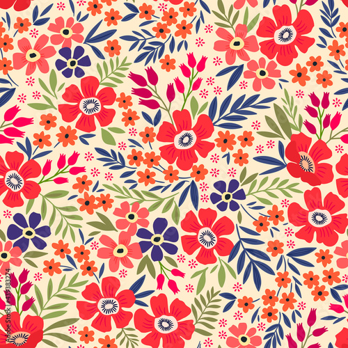 Beautiful vintage floral pattern in small flowers. Small red and coral flowers. White background. Liberty style print. Floral seamless background. The elegant the template for fashion prints.