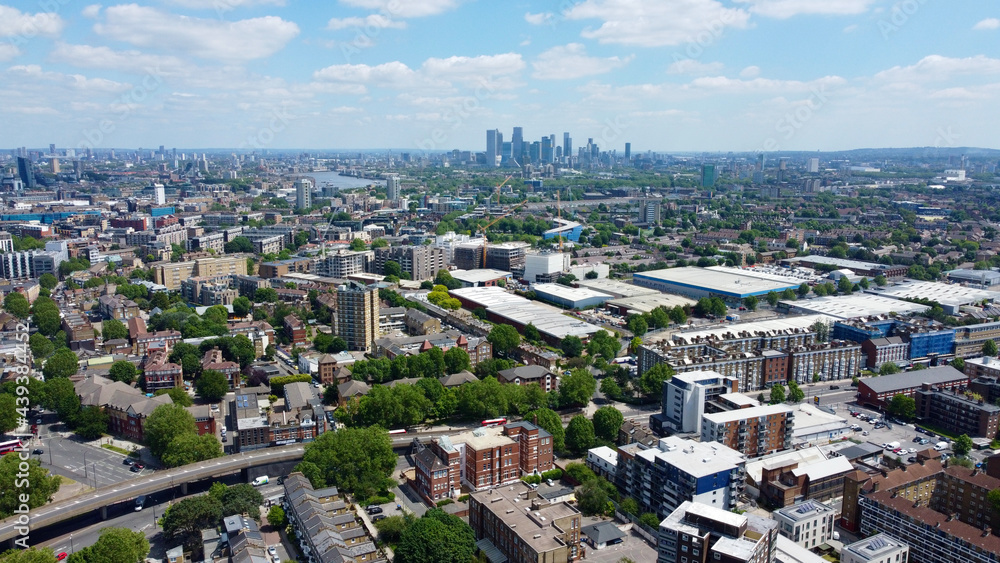 Aerial view of London skyline. Canary Wharf