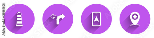 Set Lighthouse, Road traffic sign, City map navigation and Location with cross hospital icon with long shadow. Vector