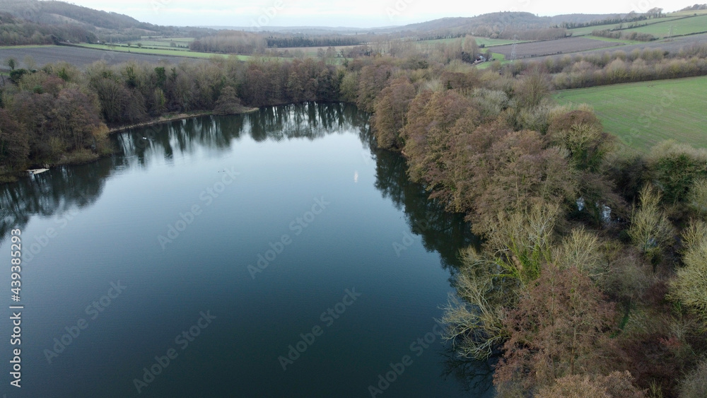 Aerial view of English lake at dawn.