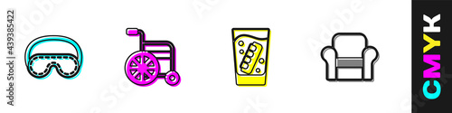 Set Eye sleep mask, Wheelchair, False jaw in glass and Armchair icon. Vector