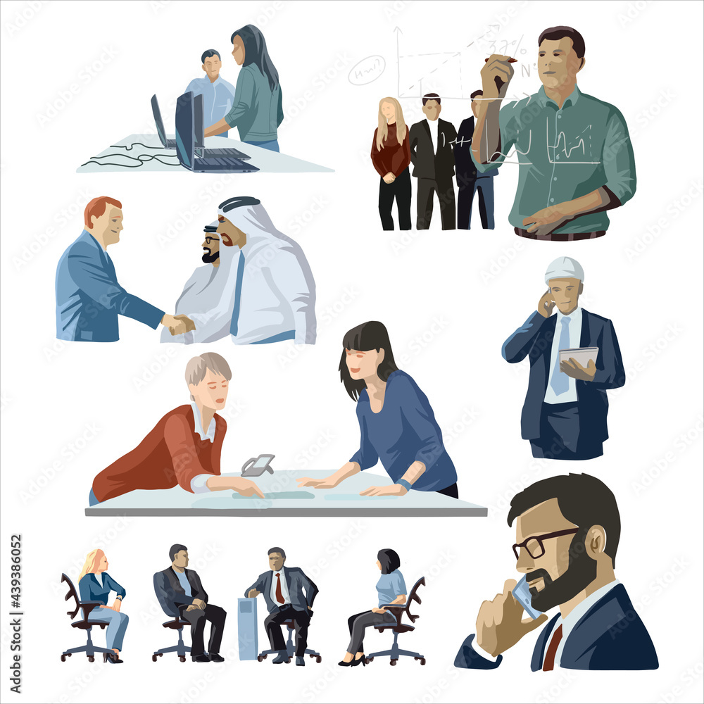Bussiness people set on white background. Discussion, negotiation, discussion, business partnership, team, everyday business life. Flat cartoon colorful vector illustration. Isolate.