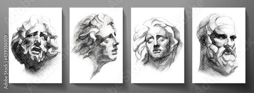 Engraved antique head - poster. Vector line pattern (guilloche) of ancient Greek portrait (closeup man face). Digital graphic for cover, historic artwork, currency, money design, picture